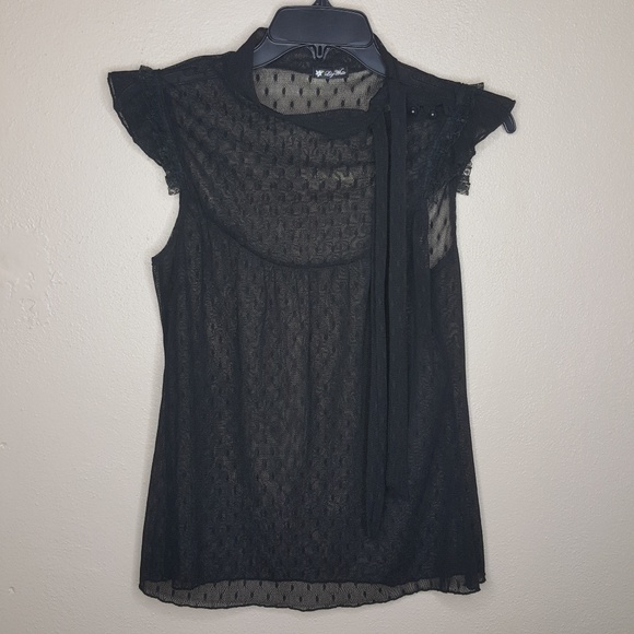 Lily White Tops - Lily White Black Sheer Blouse Top Tee Polka Dot T